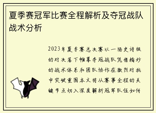 夏季赛冠军比赛全程解析及夺冠战队战术分析