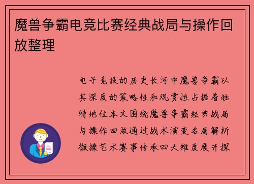 魔兽争霸电竞比赛经典战局与操作回放整理