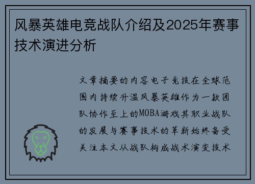 风暴英雄电竞战队介绍及2025年赛事技术演进分析